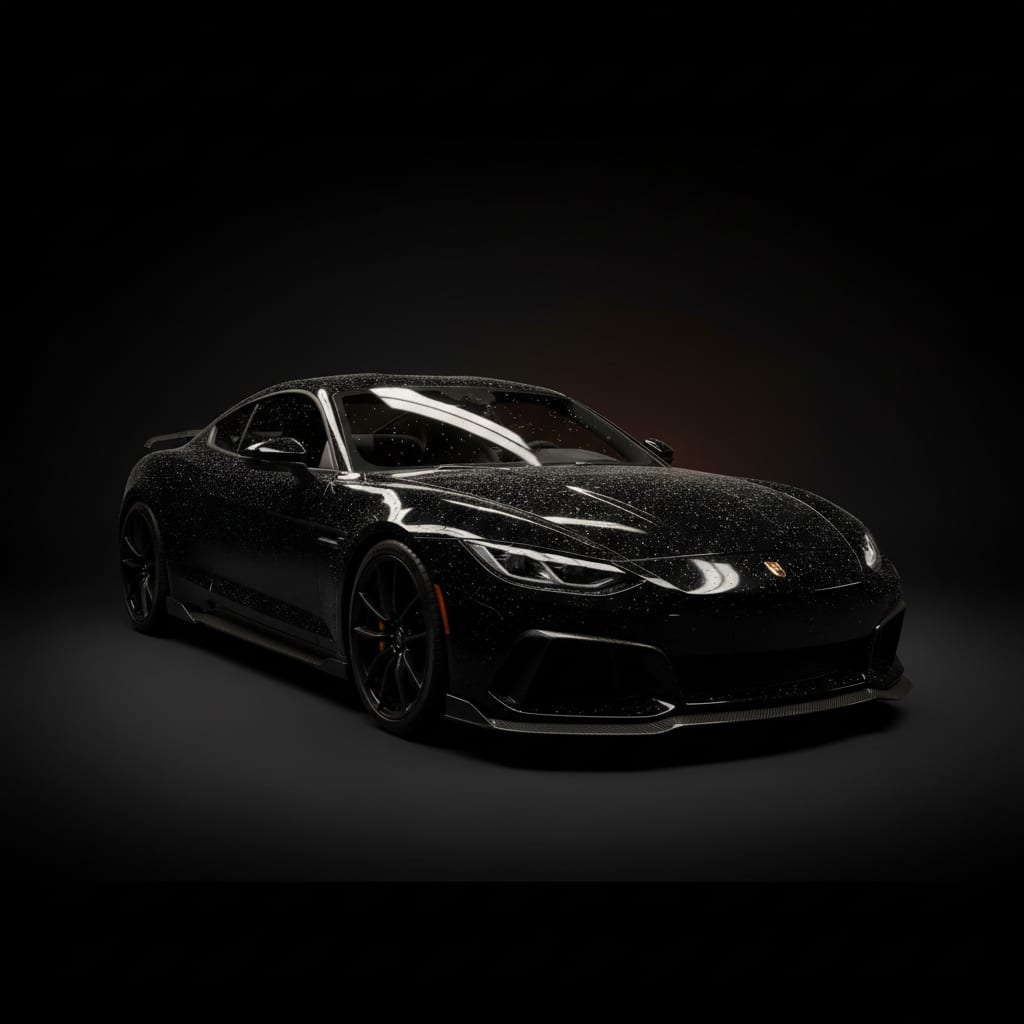 Deep obsidian-black luxury coupe, freshly detailed